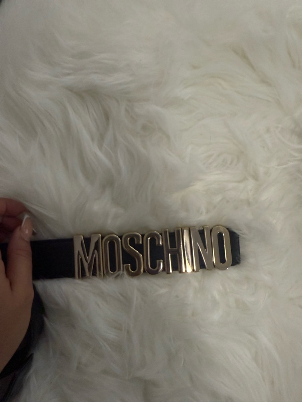 Moschino Black Leather Belt with Gold Lettering